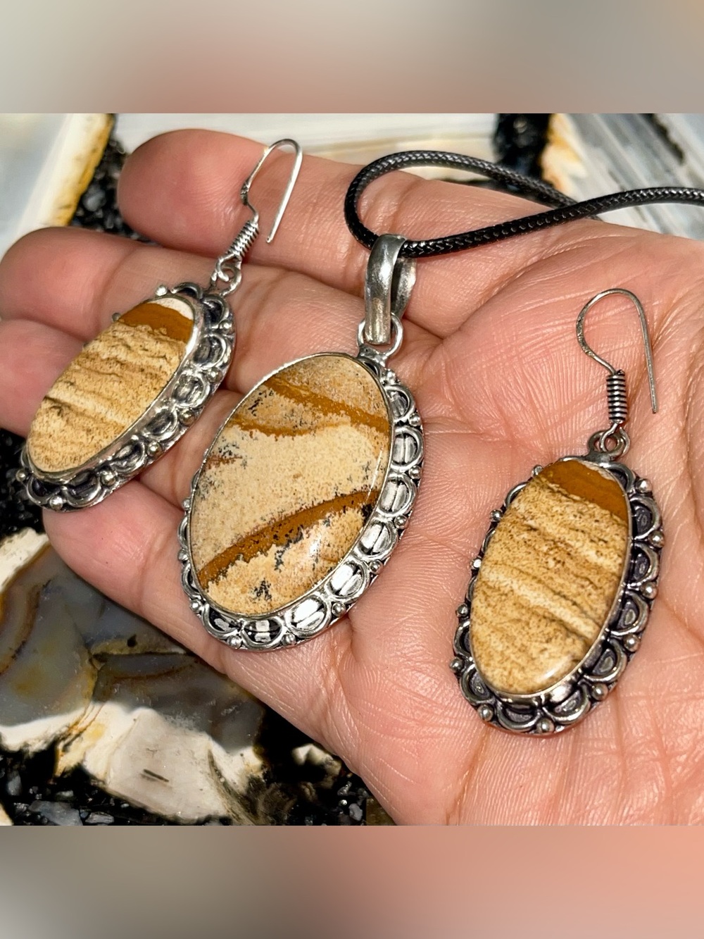 Earthy Brown Picture Jasper Crystal Pendant & Earrings Set